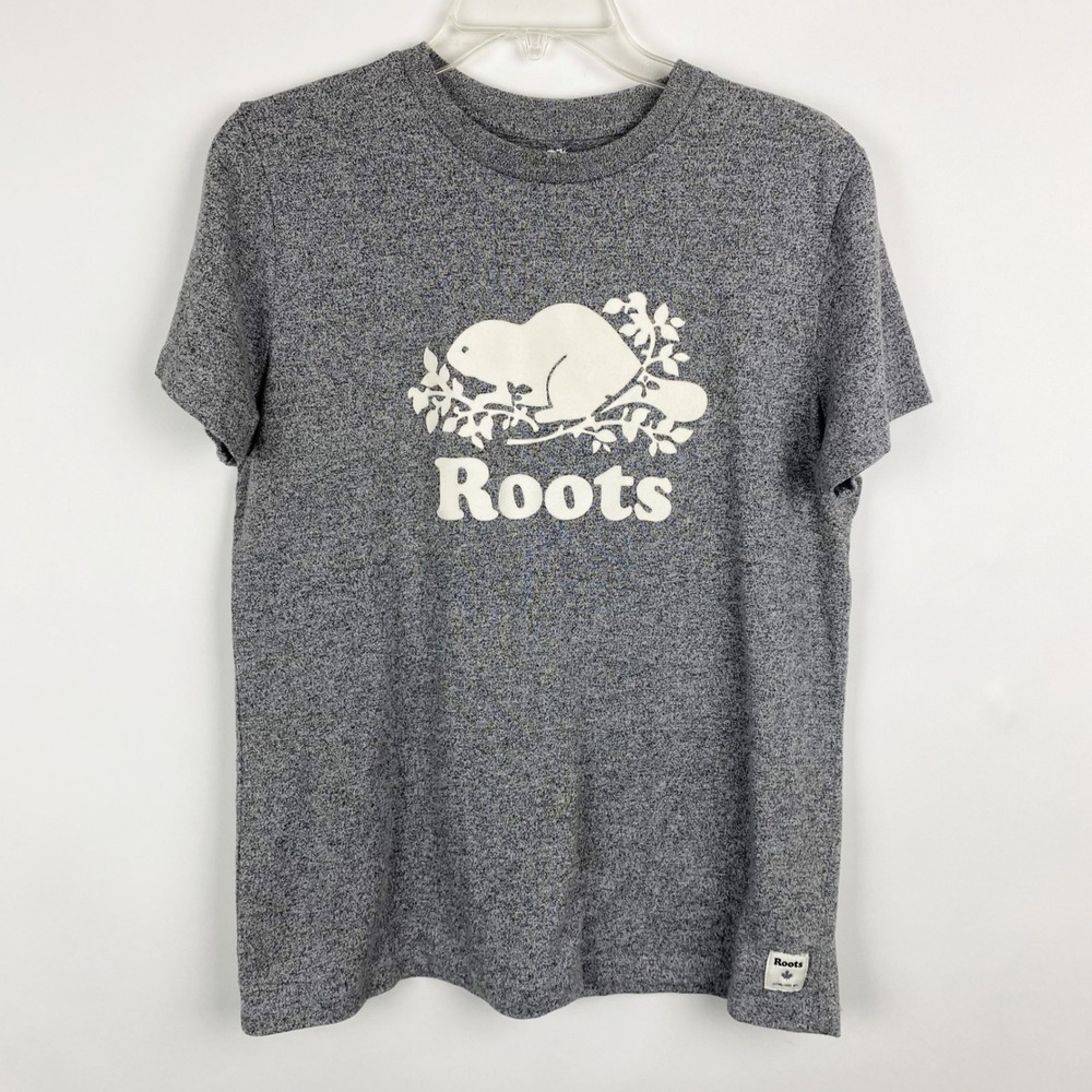 Roots Heritage Beaver Logo Salt Pepper Grey Marl T-Shirt Womens Large Grey